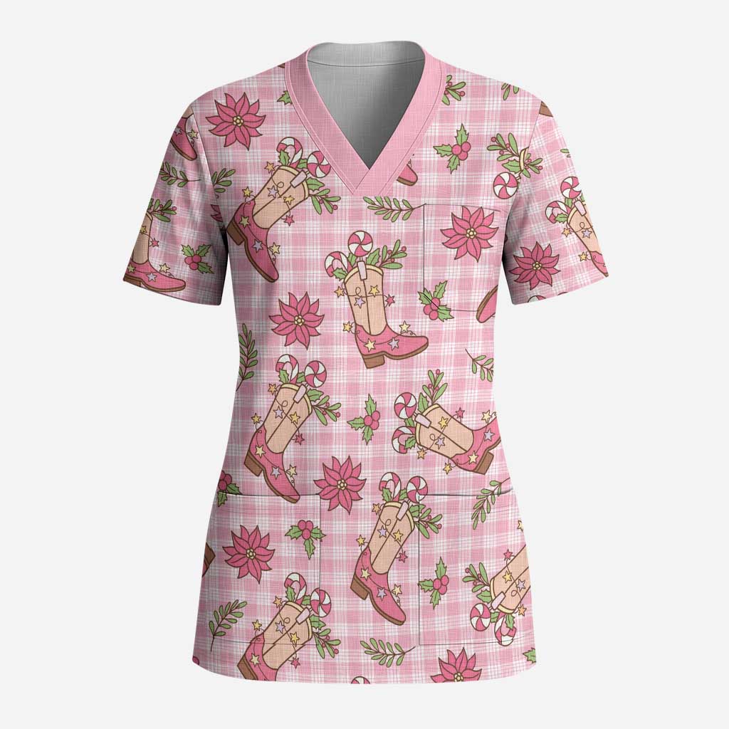 Pink Paniolo Palaka Hawaiian Cowgirl Christmas Scrub Top - Polynesian Pride