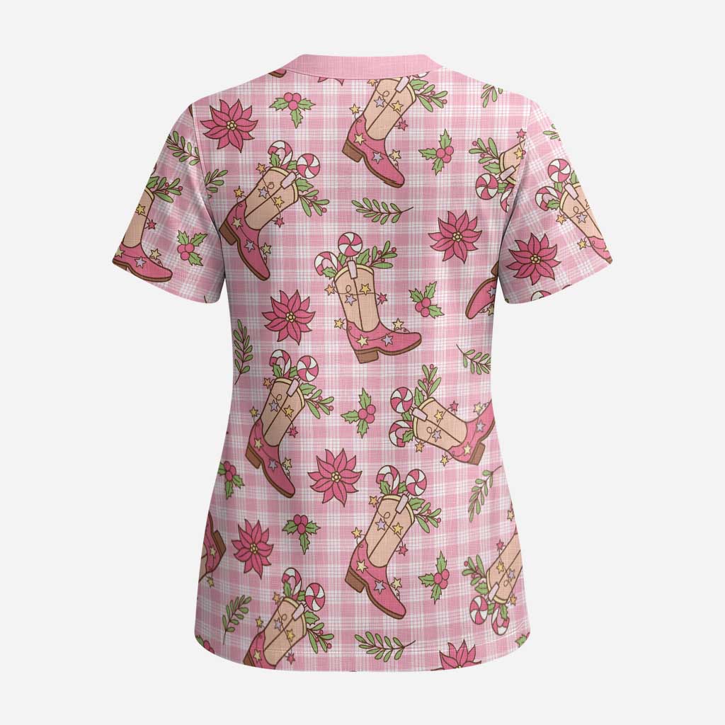 Pink Paniolo Palaka Hawaiian Cowgirl Christmas Scrub Top - Polynesian Pride