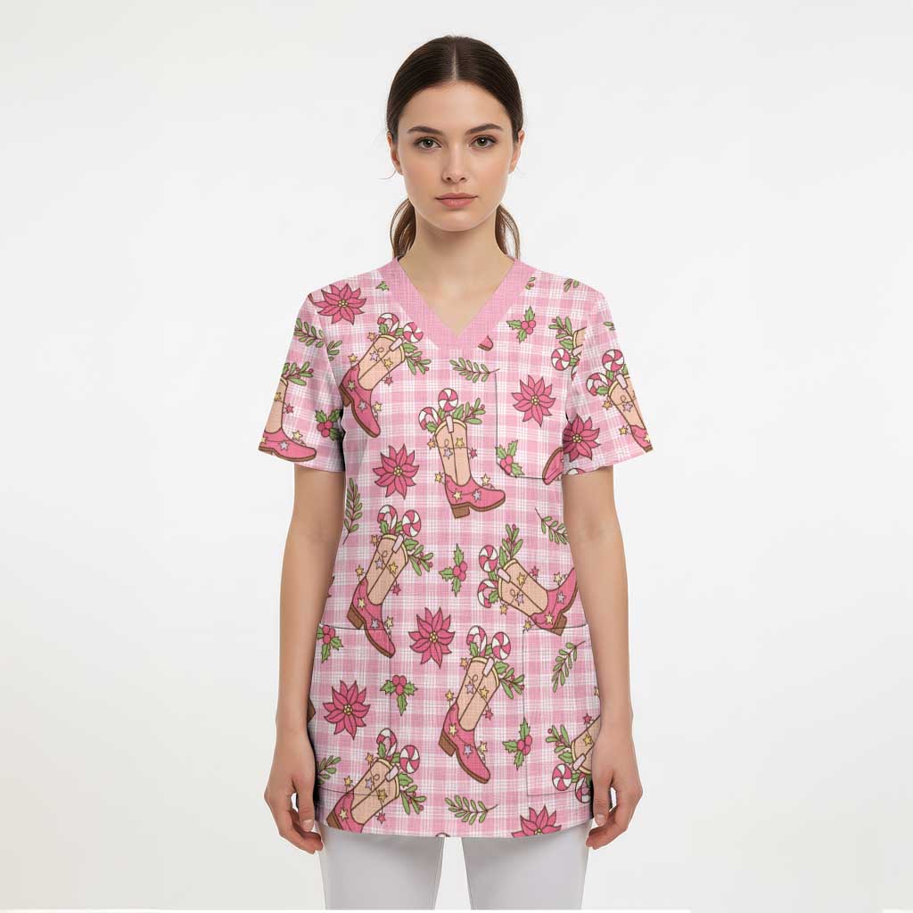 Pink Paniolo Palaka Hawaiian Cowgirl Christmas Scrub Top - Polynesian Pride