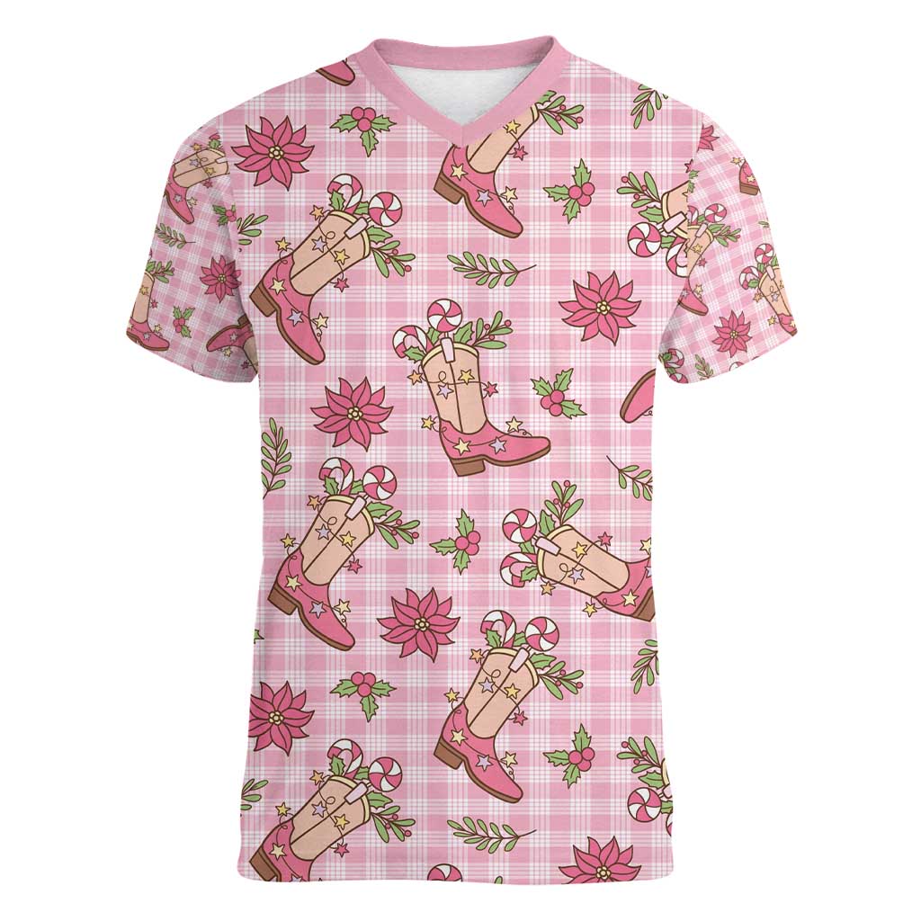 Pink Paniolo Palaka Hawaiian Cowgirl Christmas Women V-Neck T-Shirt - Polynesian Pride