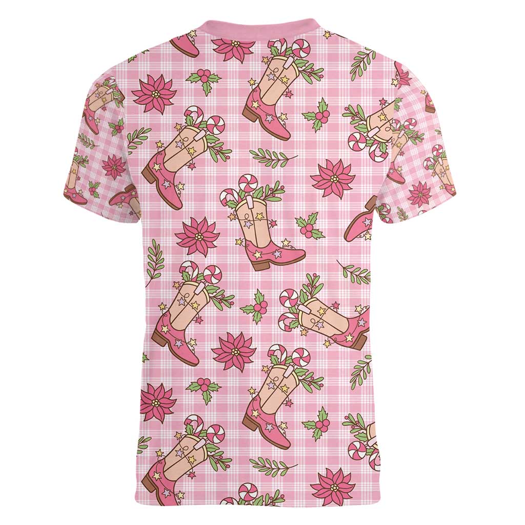 Pink Paniolo Palaka Hawaiian Cowgirl Christmas Women V-Neck T-Shirt - Polynesian Pride