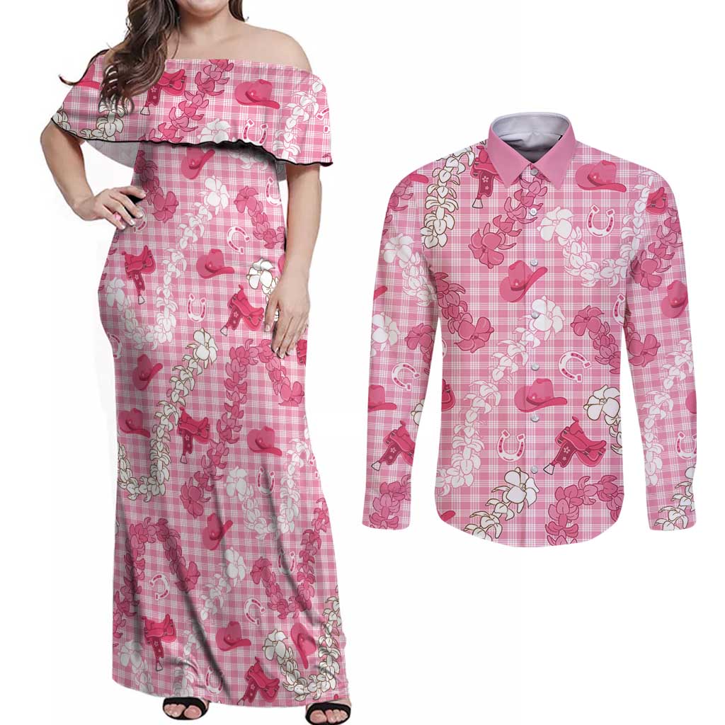 Paniolo Palaka Hawaiian Cowgirl Couples Matching Off Shoulder Maxi Dress and Long Sleeve Button Shirt - Polynesian Pride