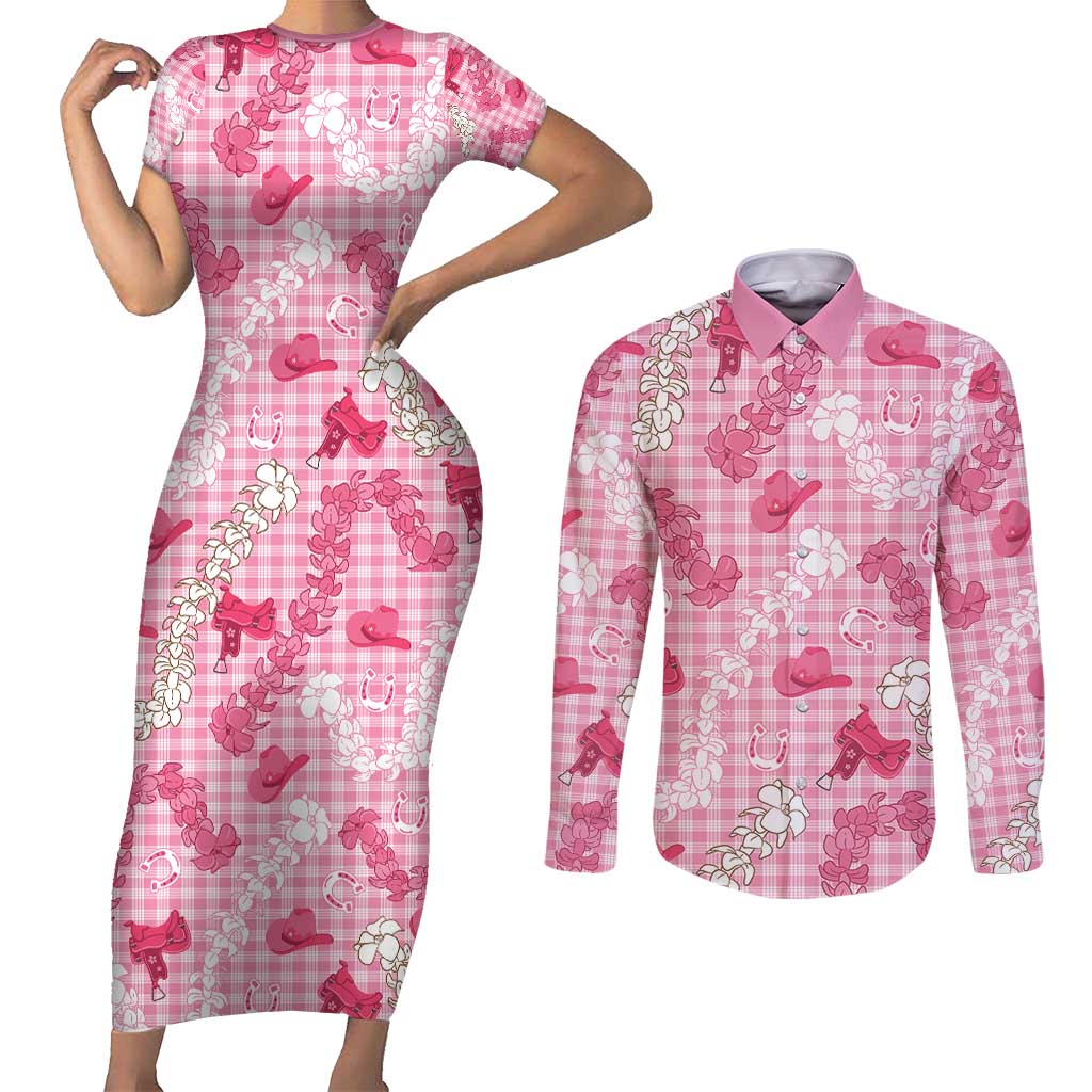 Paniolo Palaka Hawaiian Cowgirl Couples Matching Short Sleeve Bodycon Dress and Long Sleeve Button Shirt - Polynesian Pride