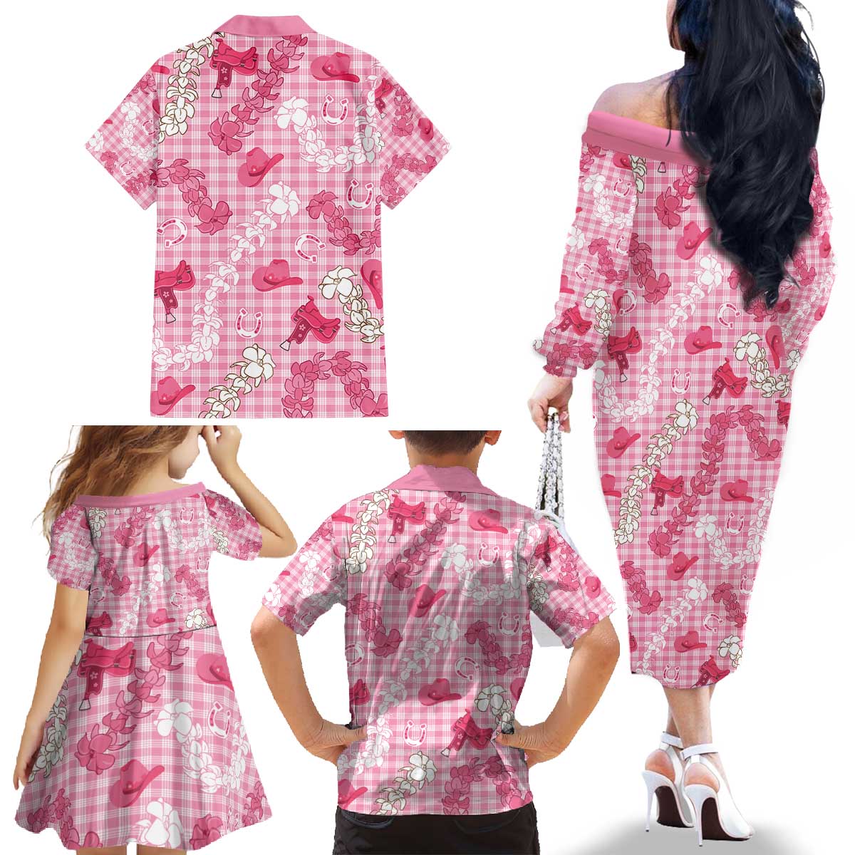 Paniolo Palaka Hawaiian Cowgirl Family Matching Off The Shoulder Long Sleeve Dress and Hawaiian Shirt - Polynesian Pride