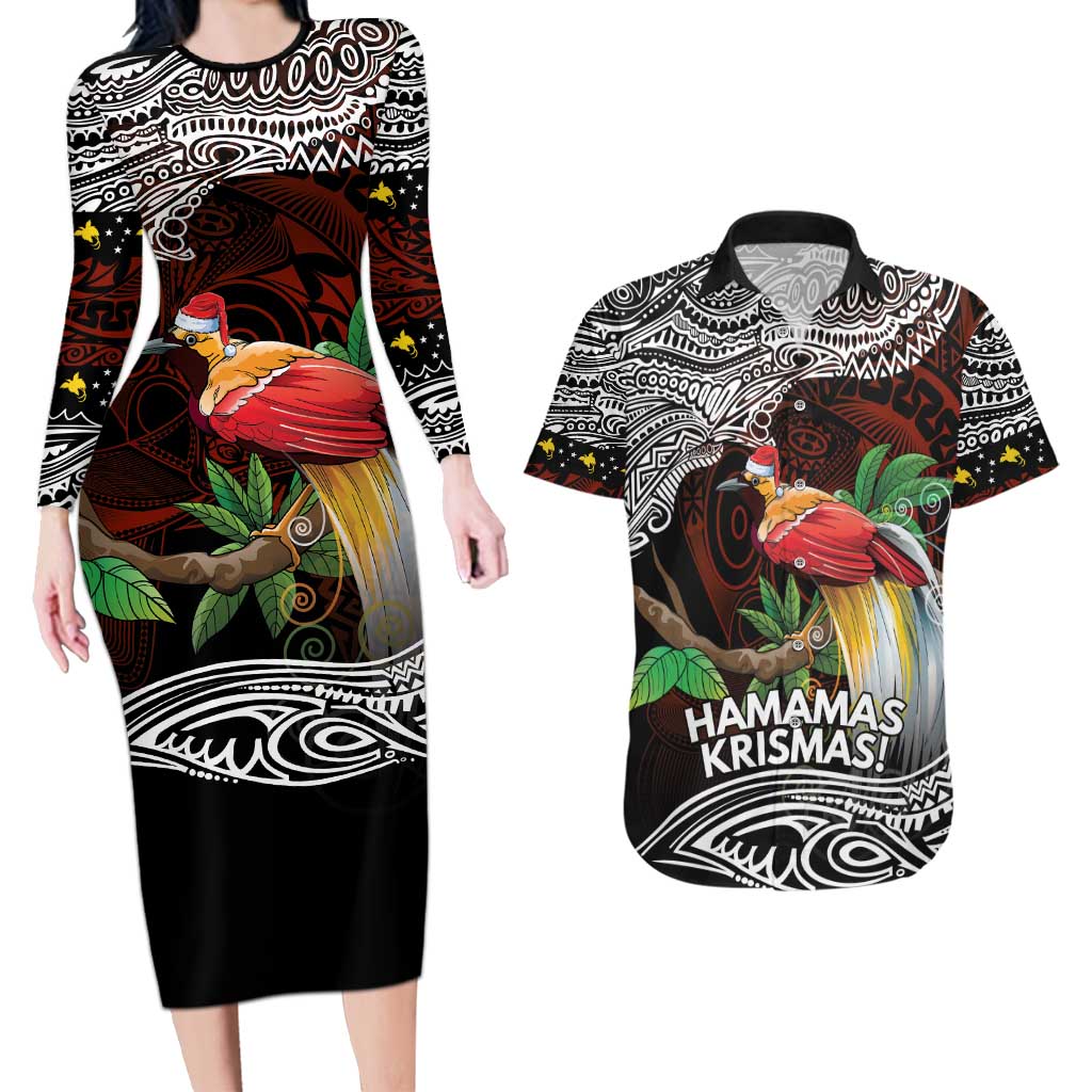 Papua New Guinea Christmas Couples Matching Long Sleeve Bodycon Dress and Hawaiian Shirt - Polynesian Pride