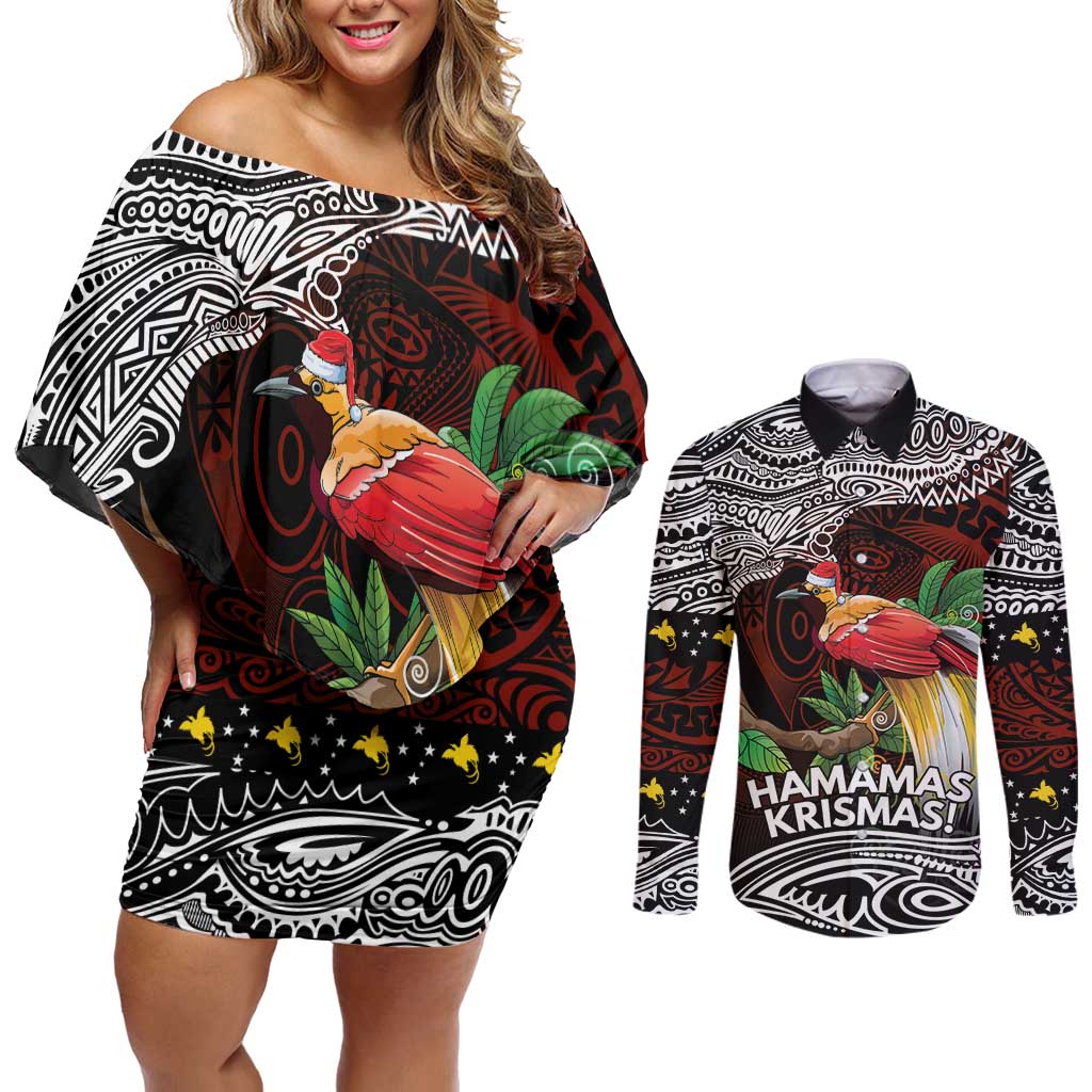 Papua New Guinea Christmas Couples Matching Off Shoulder Short Dress and Long Sleeve Button Shirt - Polynesian Pride