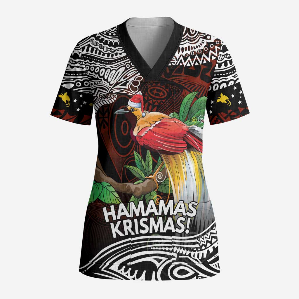 Papua New Guinea Christmas Scrub Top LT9 Adult Black - Polynesian Pride