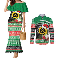 Vanuatu Pig's Tusk Meri Krismas! Couples Matching Mermaid Dress and Long Sleeve Button Shirt Vanuatuan Sand Drawing Pattern LT9 Green - Polynesian Pride