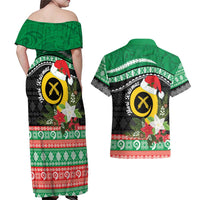 Vanuatu Pig's Tusk Meri Krismas! Couples Matching Off Shoulder Maxi Dress and Hawaiian Shirt Vanuatuan Sand Drawing Pattern - Polynesian Pride