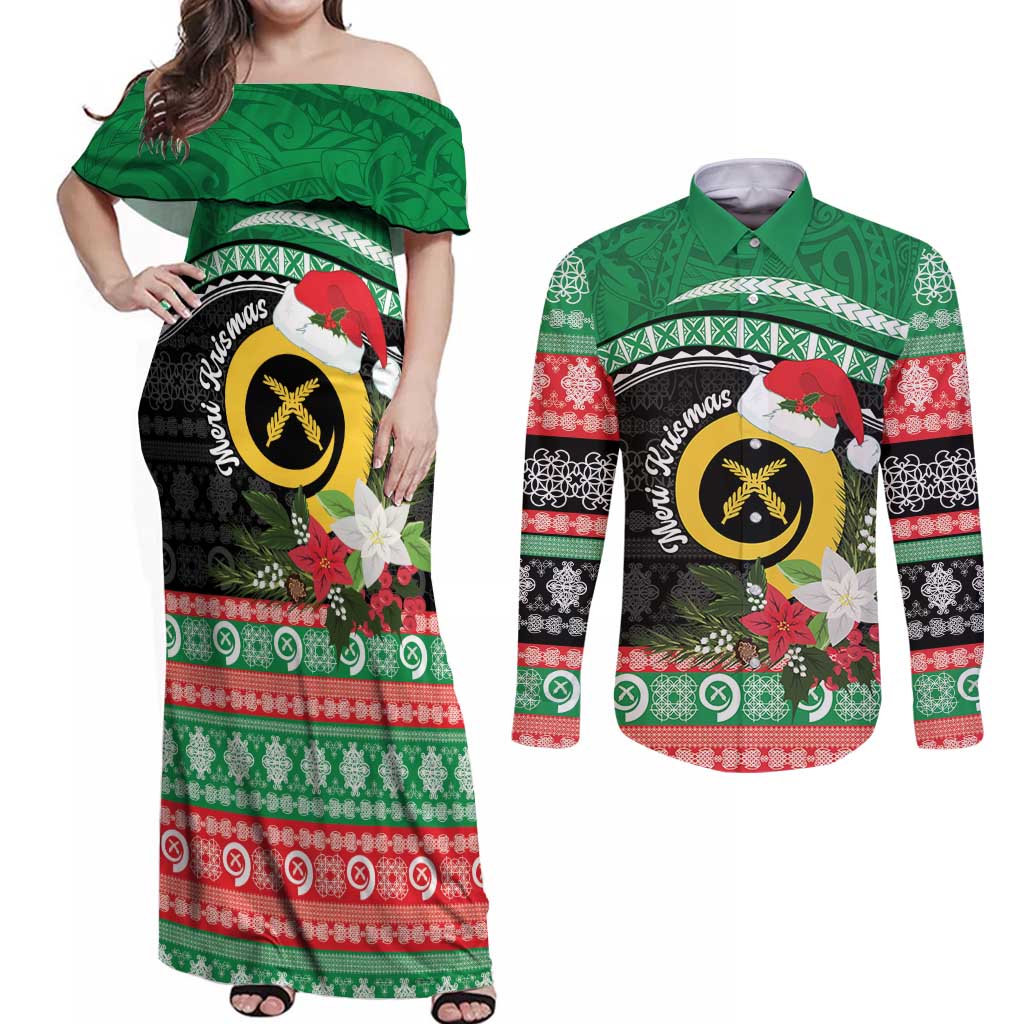 Vanuatu Pig's Tusk Meri Krismas! Couples Matching Off Shoulder Maxi Dress and Long Sleeve Button Shirt Vanuatuan Sand Drawing Pattern LT9 Green - Polynesian Pride