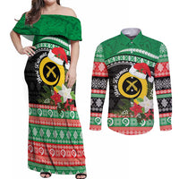Vanuatu Pig's Tusk Meri Krismas! Couples Matching Off Shoulder Maxi Dress and Long Sleeve Button Shirt Vanuatuan Sand Drawing Pattern LT9 Green - Polynesian Pride