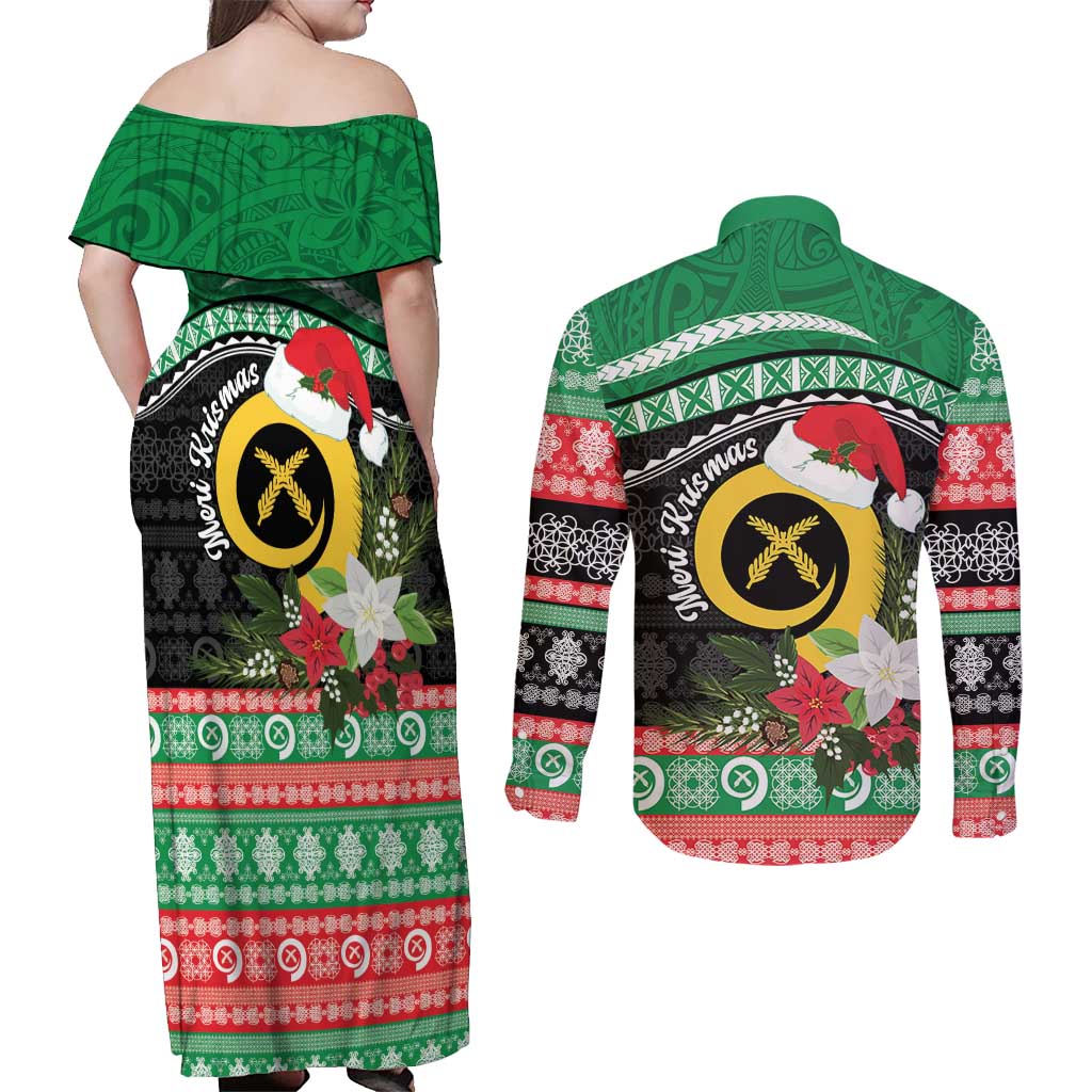 Vanuatu Pig's Tusk Meri Krismas! Couples Matching Off Shoulder Maxi Dress and Long Sleeve Button Shirt Vanuatuan Sand Drawing Pattern LT9 - Polynesian Pride