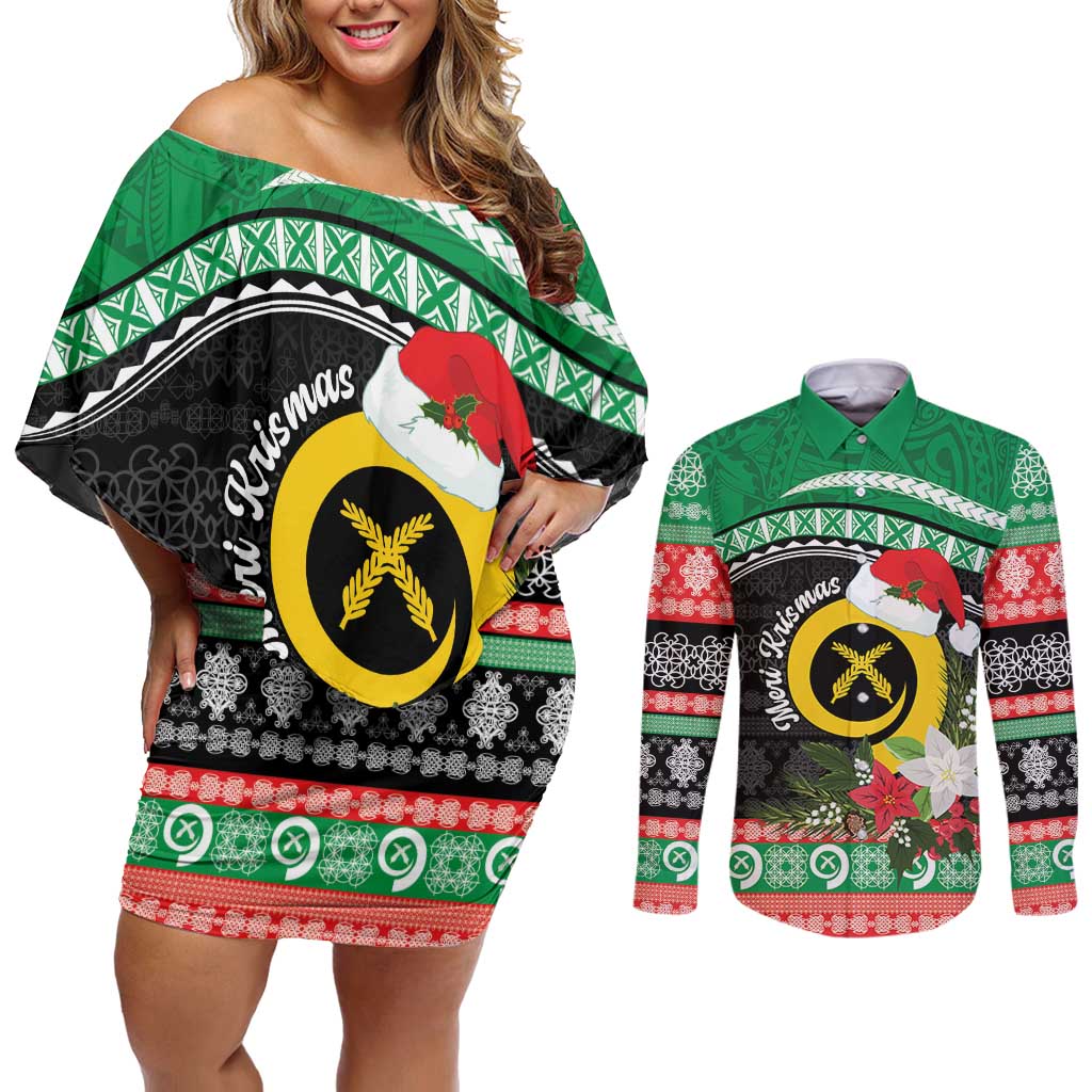 Vanuatu Pig's Tusk Meri Krismas! Couples Matching Off Shoulder Short Dress and Long Sleeve Button Shirt Vanuatuan Sand Drawing Pattern LT9 Green - Polynesian Pride