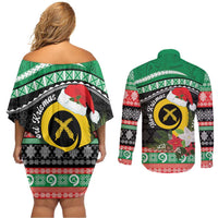 Vanuatu Pig's Tusk Meri Krismas! Couples Matching Off Shoulder Short Dress and Long Sleeve Button Shirt Vanuatuan Sand Drawing Pattern LT9 - Polynesian Pride