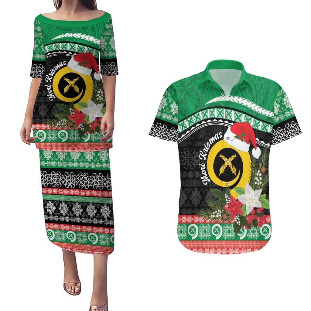 Vanuatu Pig's Tusk Meri Krismas! Couples Matching Puletasi and Hawaiian Shirt Vanuatuan Sand Drawing Pattern LT9 Green - Polynesian Pride