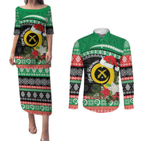 Vanuatu Pig's Tusk Meri Krismas! Couples Matching Puletasi and Long Sleeve Button Shirt Vanuatuan Sand Drawing Pattern - Polynesian Pride