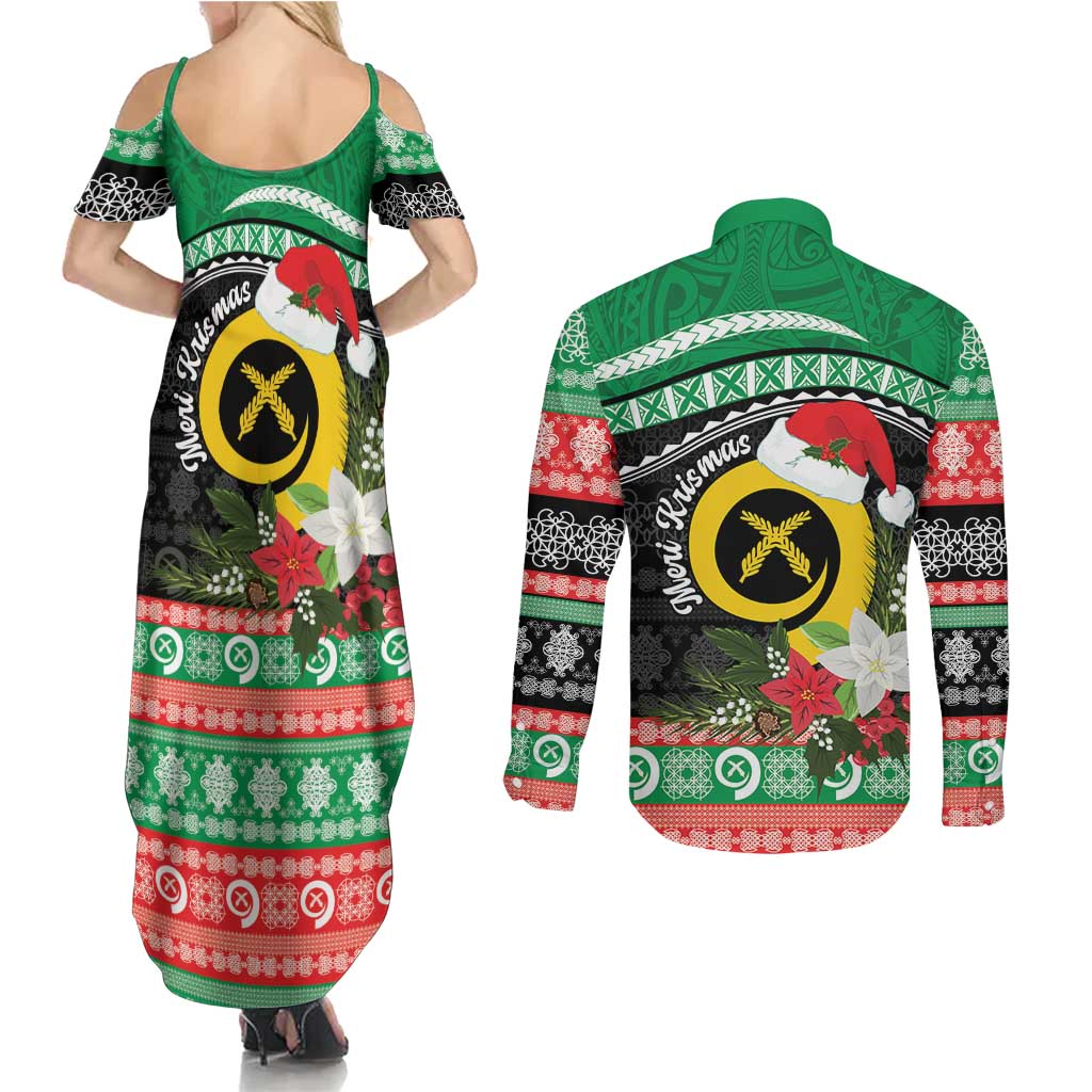 Vanuatu Pig's Tusk Meri Krismas! Couples Matching Summer Maxi Dress and Long Sleeve Button Shirt Vanuatuan Sand Drawing Pattern LT9 - Polynesian Pride