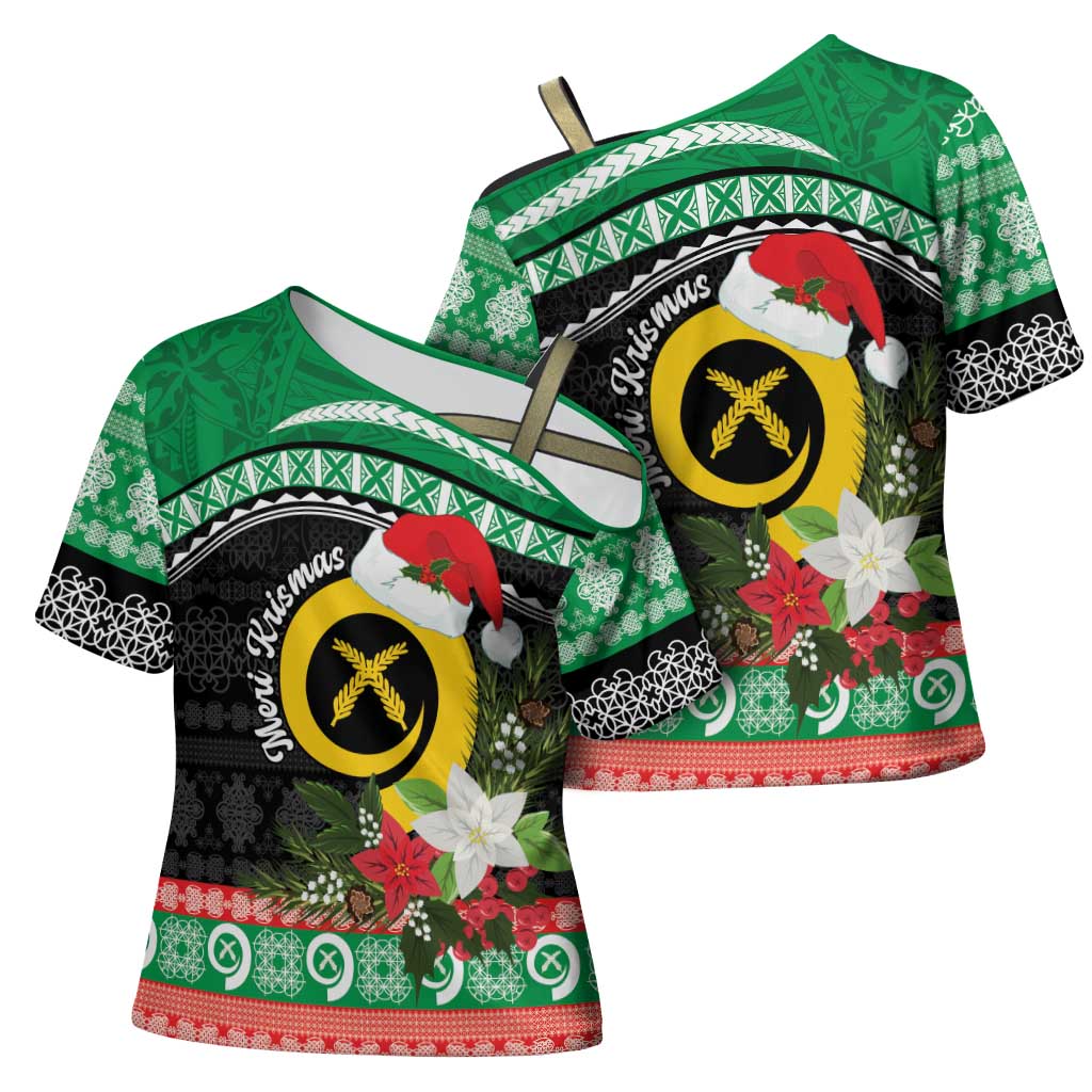Vanuatu Pig's Tusk Meri Krismas! Cross Shoulder Shirt Vanuatuan Sand Drawing Pattern - Polynesian Pride
