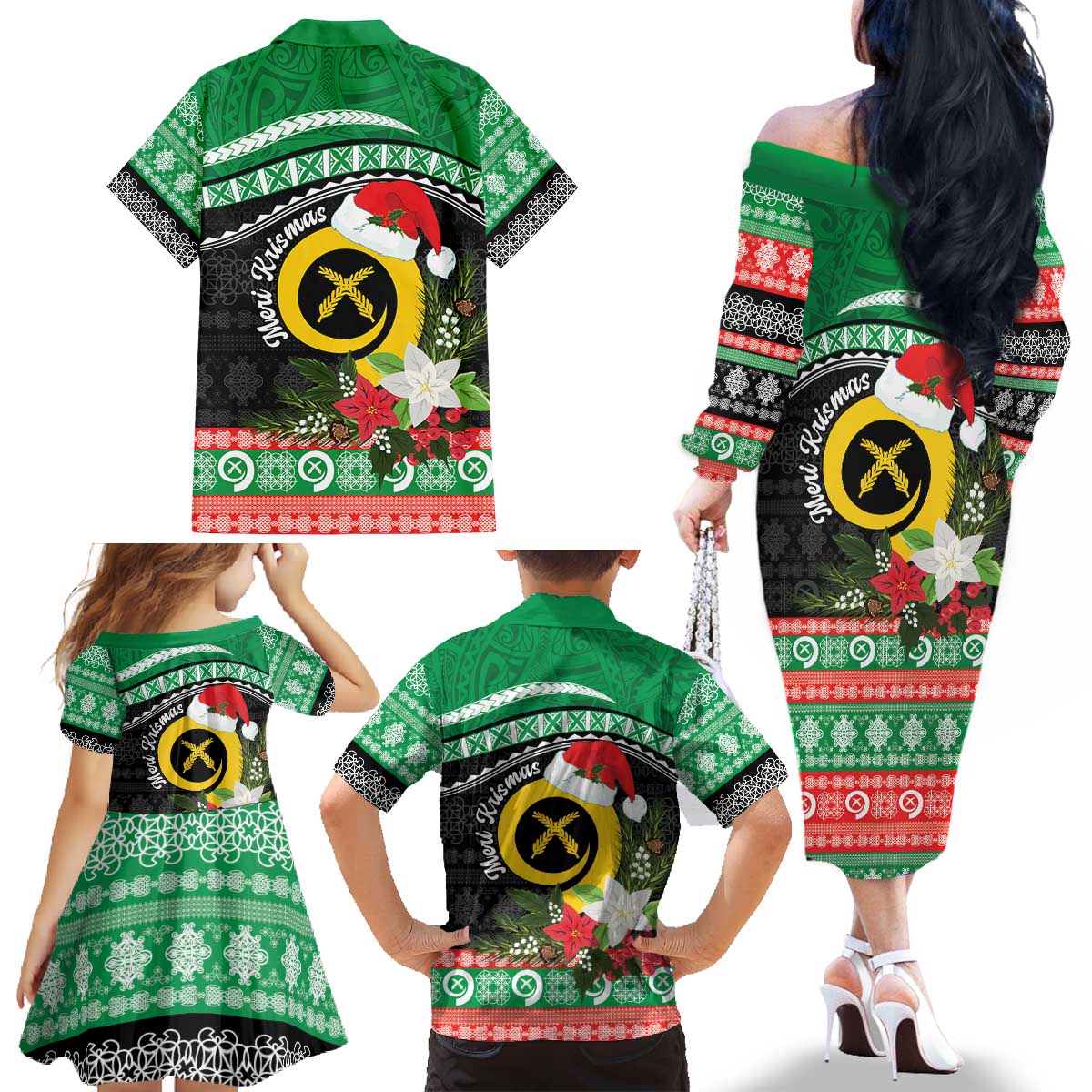 Vanuatu Pig's Tusk Meri Krismas! Family Matching Off The Shoulder Long Sleeve Dress and Hawaiian Shirt Vanuatuan Sand Drawing Pattern - Polynesian Pride