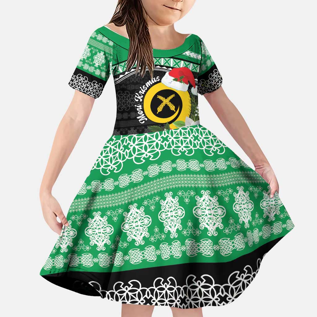 Vanuatu Pig's Tusk Meri Krismas! Family Matching Puletasi and Hawaiian Shirt Vanuatuan Sand Drawing Pattern LT9 Daughter's Dress Green - Polynesian Pride