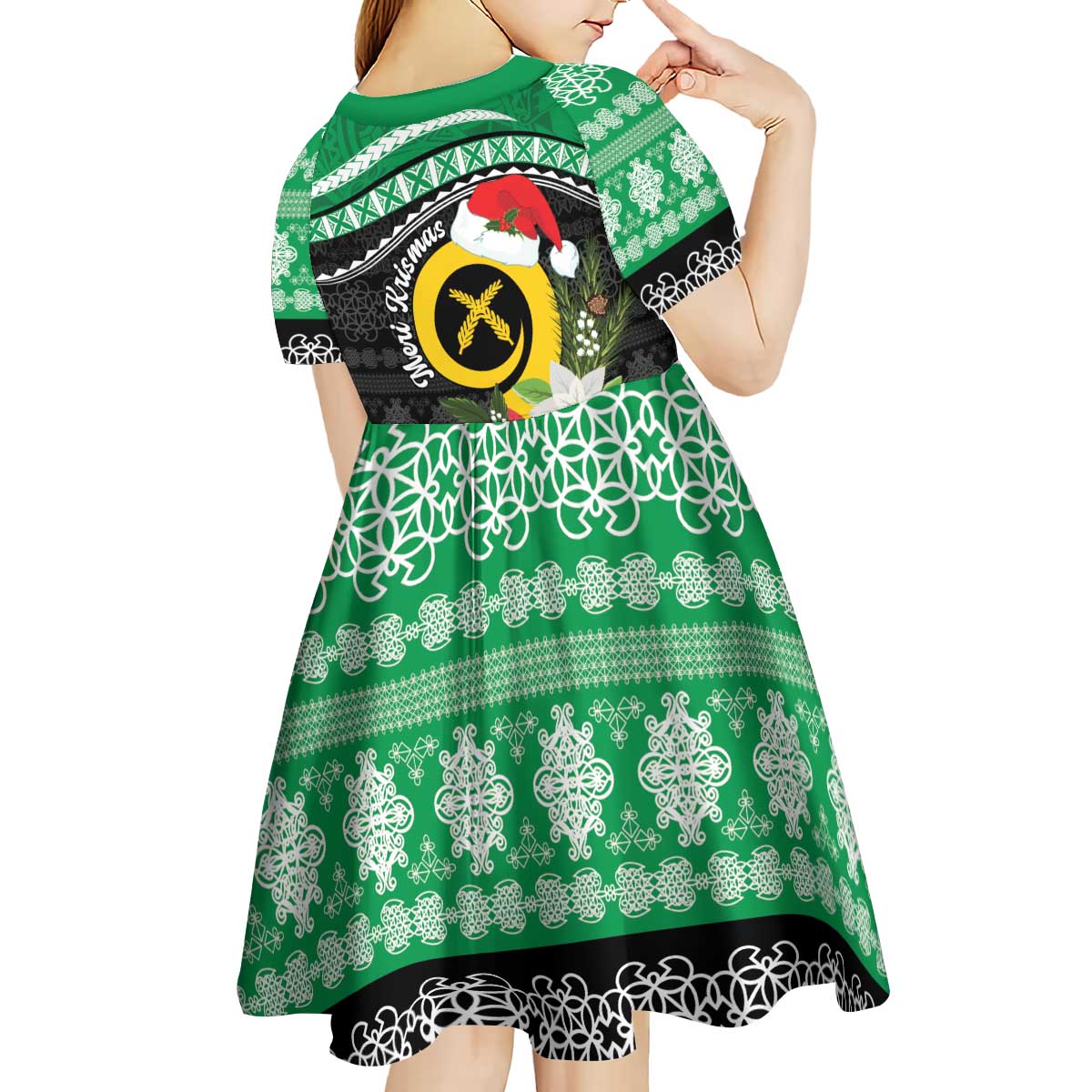 Vanuatu Pig's Tusk Meri Krismas! Kid Short Sleeve Dress Vanuatuan Sand Drawing Pattern - Polynesian Pride