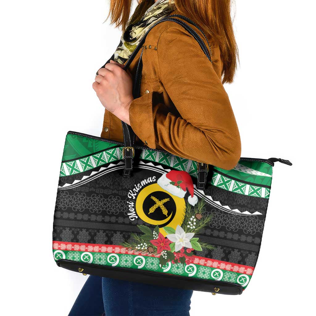 Vanuatu Pig's Tusk Meri Krismas! Leather Tote Bag Vanuatuan Sand Drawing Pattern - Polynesian Pride