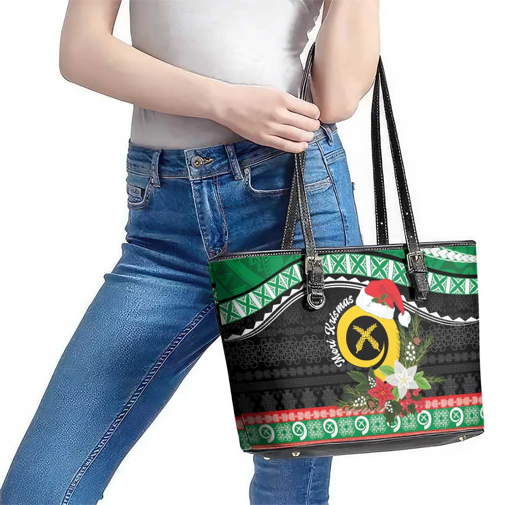 Vanuatu Pig's Tusk Meri Krismas! Leather Tote Bag Vanuatuan Sand Drawing Pattern - Polynesian Pride