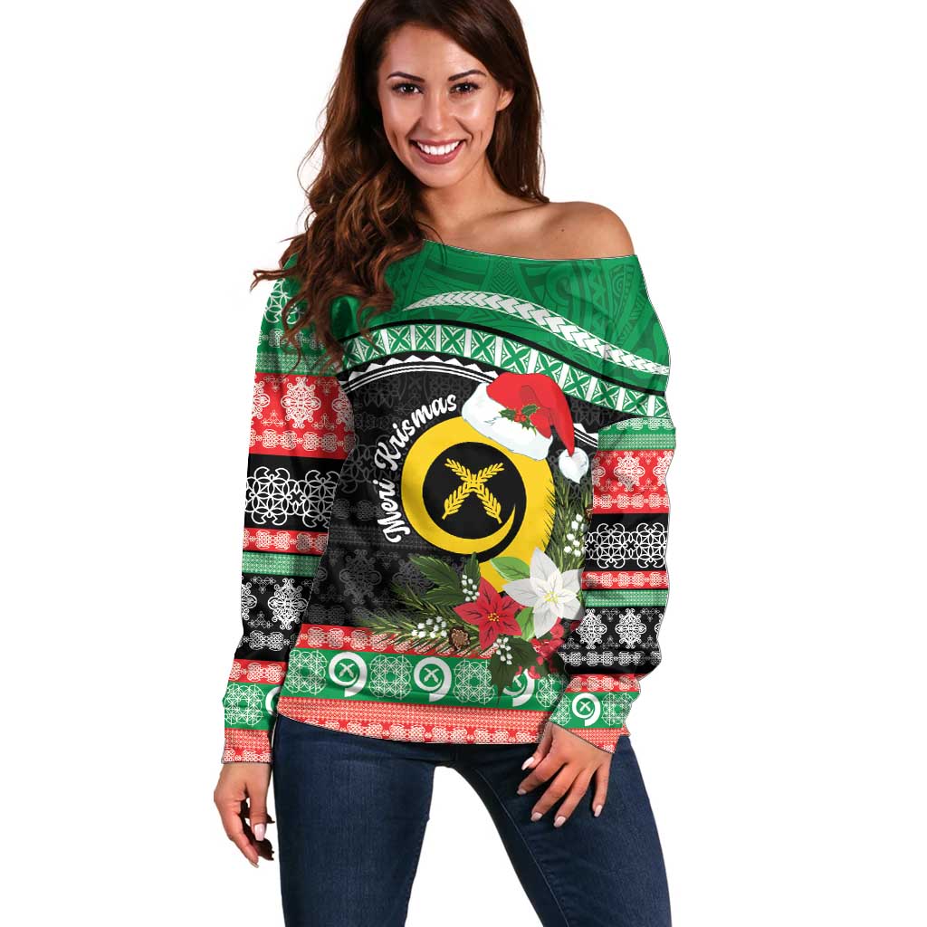 Vanuatu Pig's Tusk Meri Krismas! Off Shoulder Sweater Vanuatuan Sand Drawing Pattern LT9 Women Green - Polynesian Pride