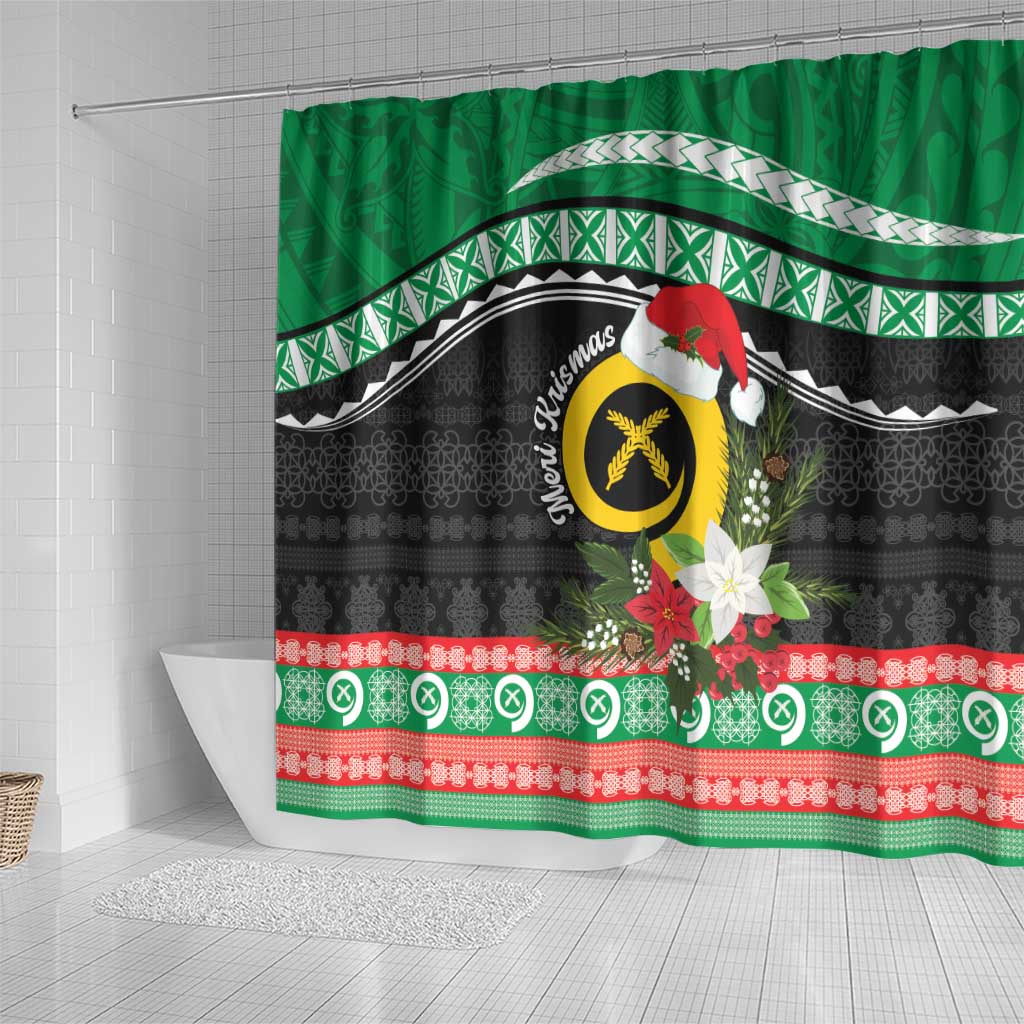 Vanuatu Pig's Tusk Meri Krismas! Shower Curtain Vanuatuan Sand Drawing Pattern - Polynesian Pride