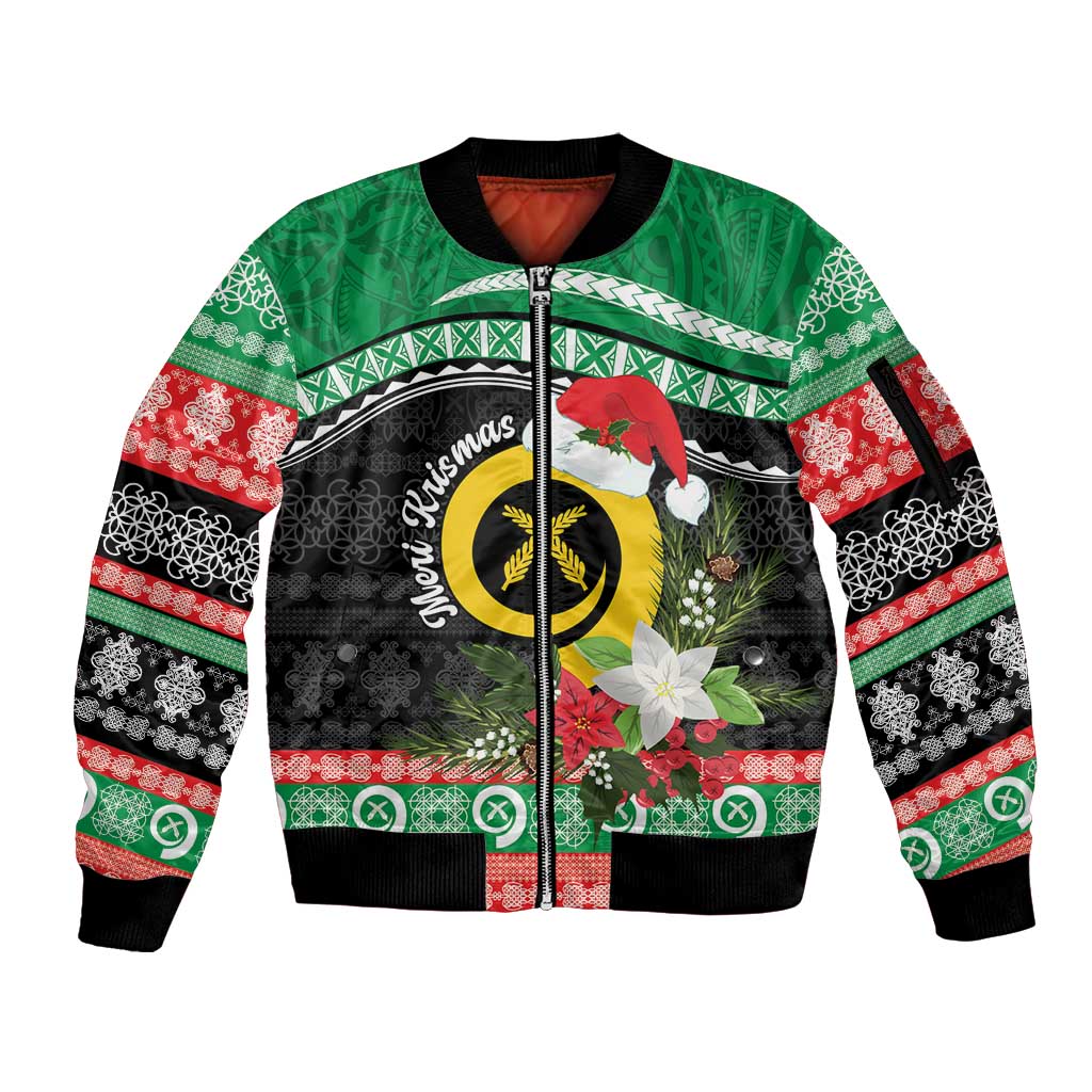 Vanuatu Pig's Tusk Meri Krismas! Sleeve Zip Bomber Jacket Vanuatuan Sand Drawing Pattern LT9 Unisex Green - Polynesian Pride