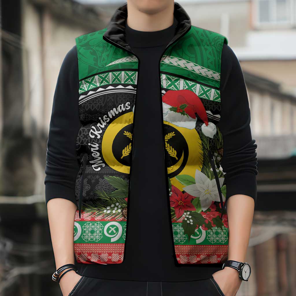 Vanuatu Pig's Tusk Meri Krismas! Sleeveless Puffer Jacket Vanuatuan Sand Drawing Pattern - Polynesian Pride
