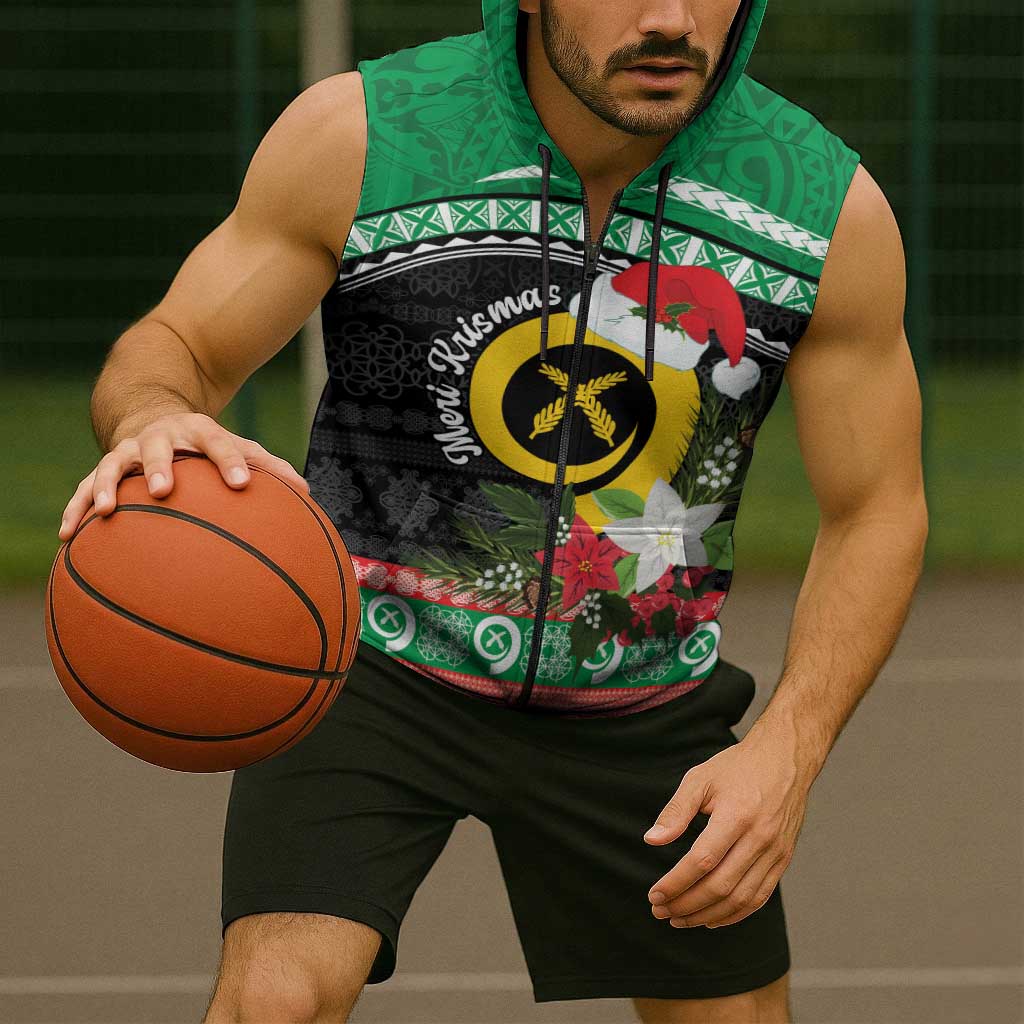 Vanuatu Pig's Tusk Meri Krismas! Sleeveless Zip Hoodie Vanuatuan Sand Drawing Pattern - Polynesian Pride