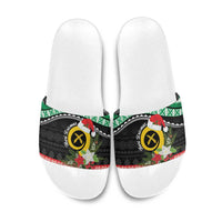 Vanuatu Pig's Tusk Meri Krismas! Slide Sandals Vanuatuan Sand Drawing Pattern LT9 Green - Polynesian Pride