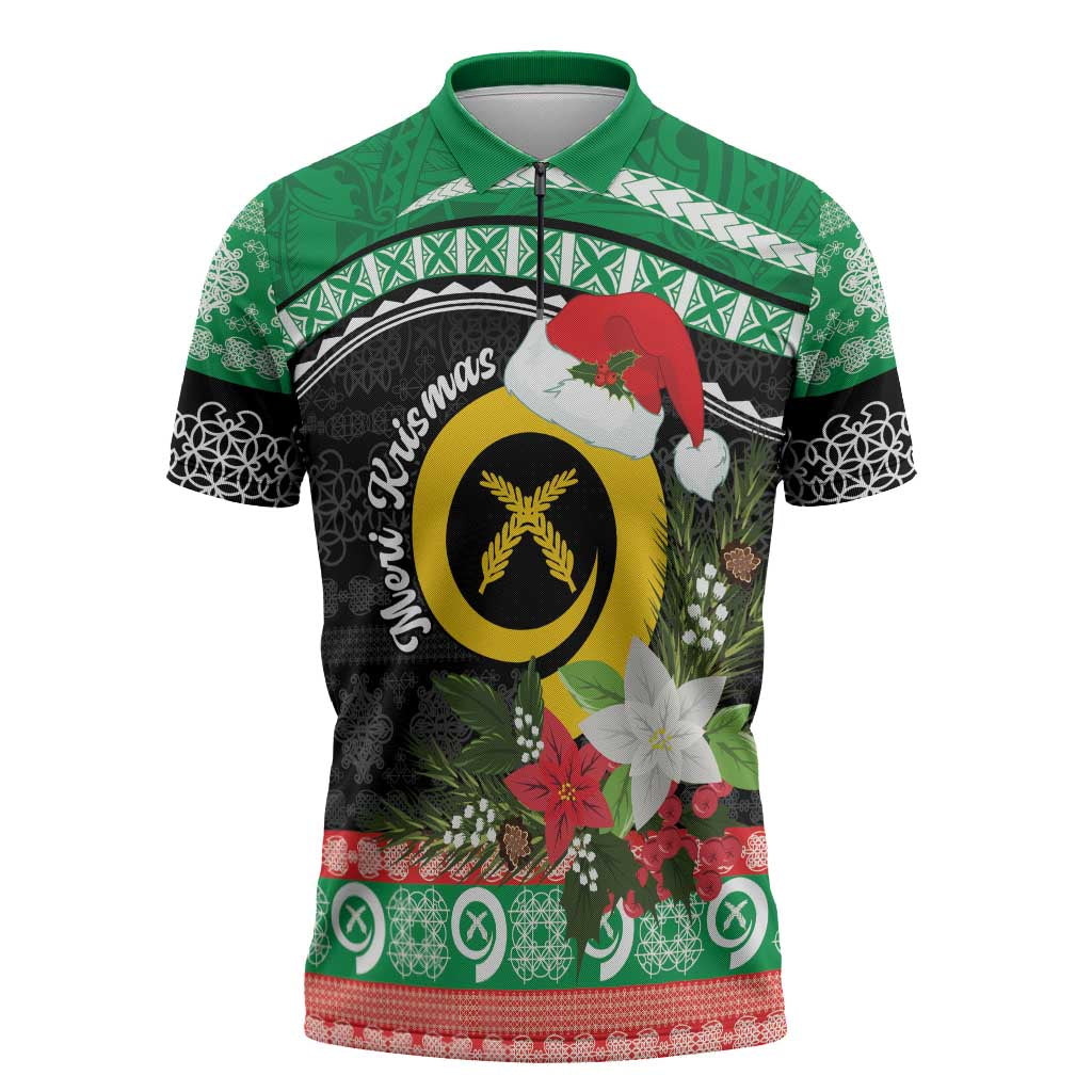 Vanuatu Pig's Tusk Meri Krismas! Zipper Polo Shirt Vanuatuan Sand Drawing Pattern - Polynesian Pride