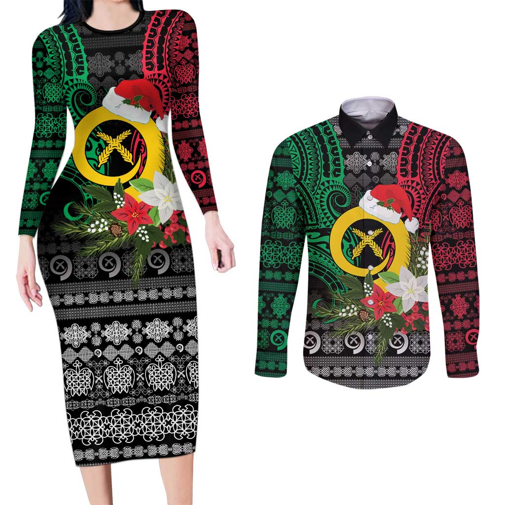 Vanuatu Pig's Tusk Meri Krismas! Couples Matching Long Sleeve Bodycon Dress and Long Sleeve Button Shirt Vanuatuan Ancient Art Spirit LT9 Black - Polynesian Pride