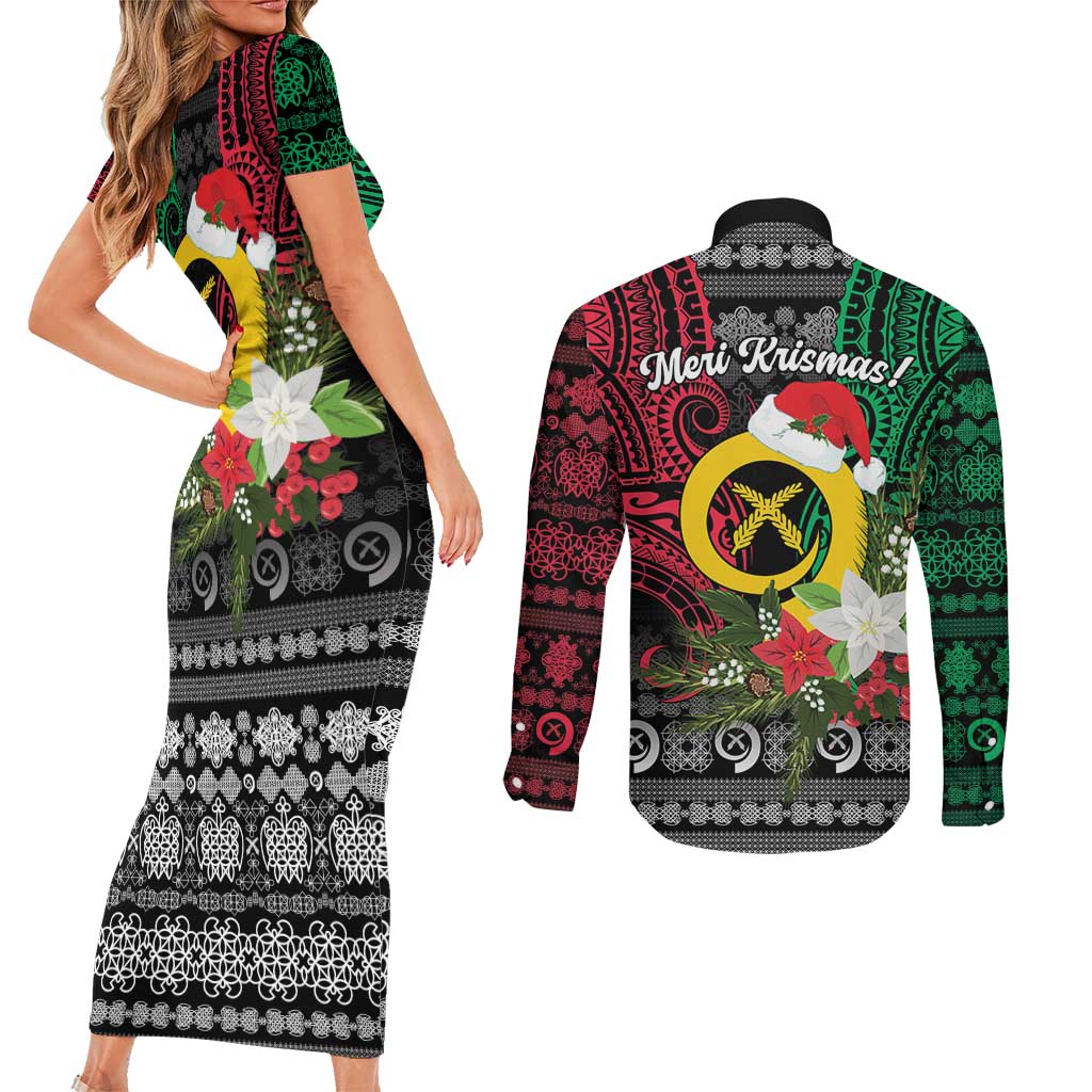 Vanuatu Pig's Tusk Meri Krismas! Couples Matching Short Sleeve Bodycon Dress and Long Sleeve Button Shirt Vanuatuan Ancient Art Spirit - Polynesian Pride