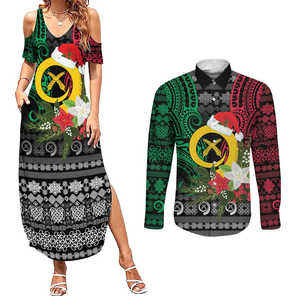 Vanuatu Pig's Tusk Meri Krismas! Couples Matching Summer Maxi Dress and Long Sleeve Button Shirt Vanuatuan Ancient Art Spirit - Polynesian Pride