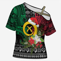 Vanuatu Pig's Tusk Meri Krismas! Cross Shoulder Shirt Vanuatuan Ancient Art Spirit LT9 Female Black - Polynesian Pride