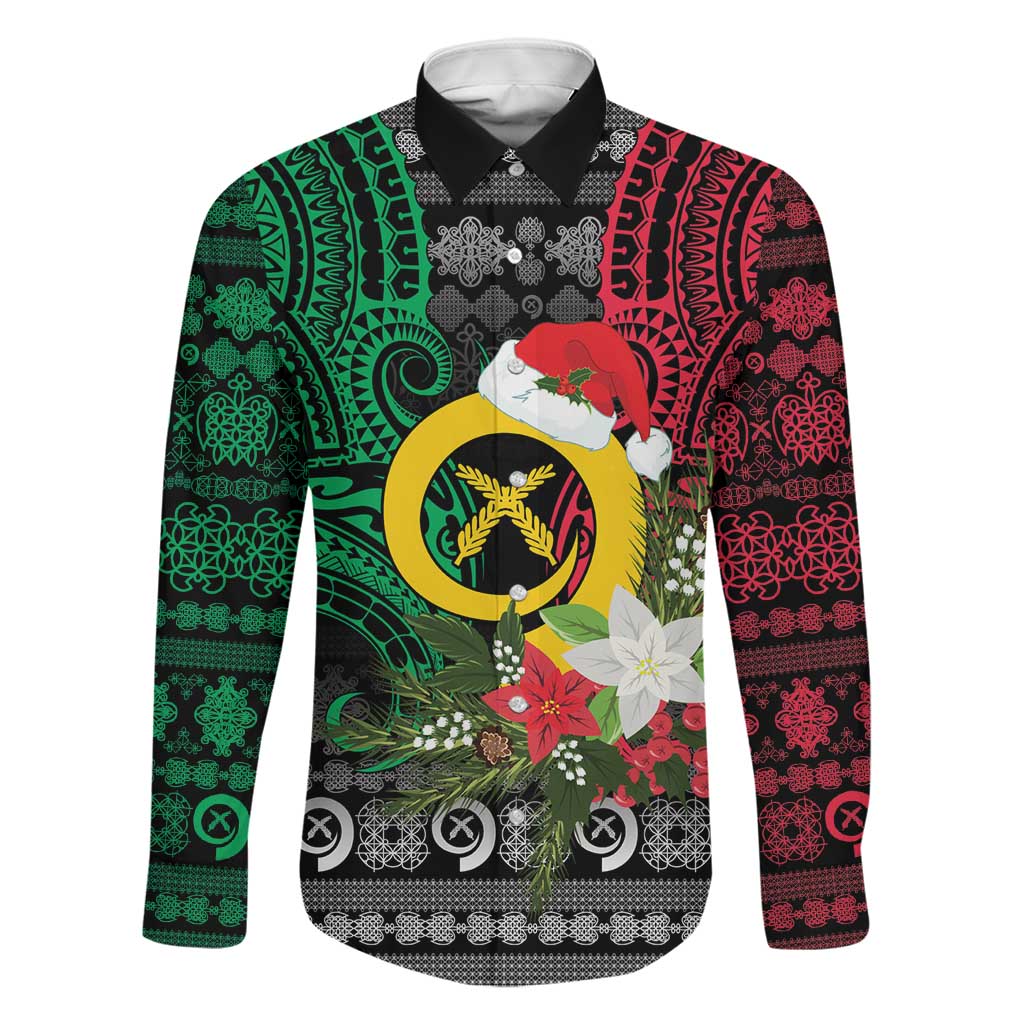 Vanuatu Pig's Tusk Meri Krismas! Family Matching Puletasi and Hawaiian Shirt Vanuatuan Ancient Art Spirit LT9 Dad's Shirt - Long Sleeve Black - Polynesian Pride
