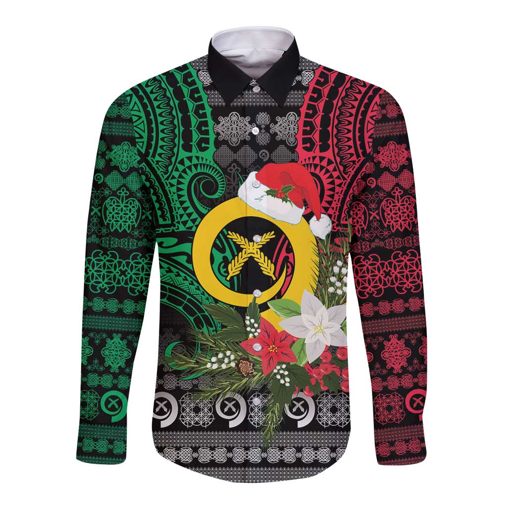Vanuatu Pig's Tusk Meri Krismas! Long Sleeve Button Shirt Vanuatuan Ancient Art Spirit LT9 Unisex Black - Polynesian Pride
