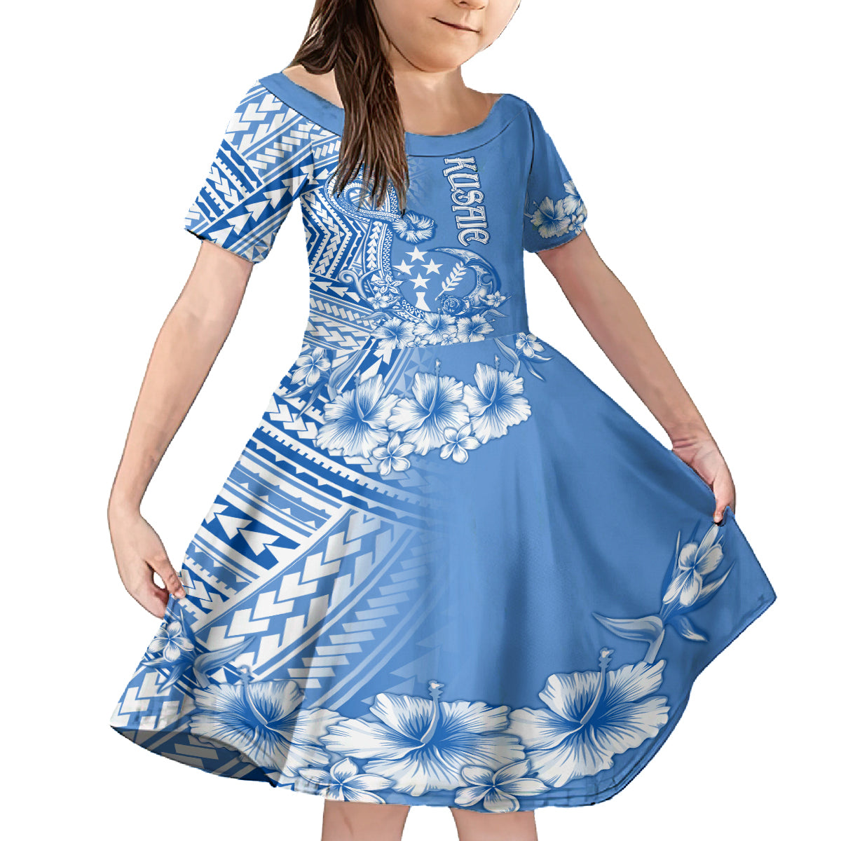 Kosrae Constitution Day Personalised Family Matching Off Shoulder Long Sleeve Dress and Hawaiian Shirt Kusaie Hook Tattoo Special Polynesian Pattern LT9 Daughter's Dress Blue - Polynesian Pride