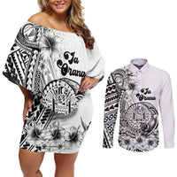 Ia Orana Tahiti Personalised Couples Matching Off Shoulder Short Dress and Long Sleeve Button Shirt French Polynesia Hook Tattoo Special White Color LT9 White - Polynesian Pride