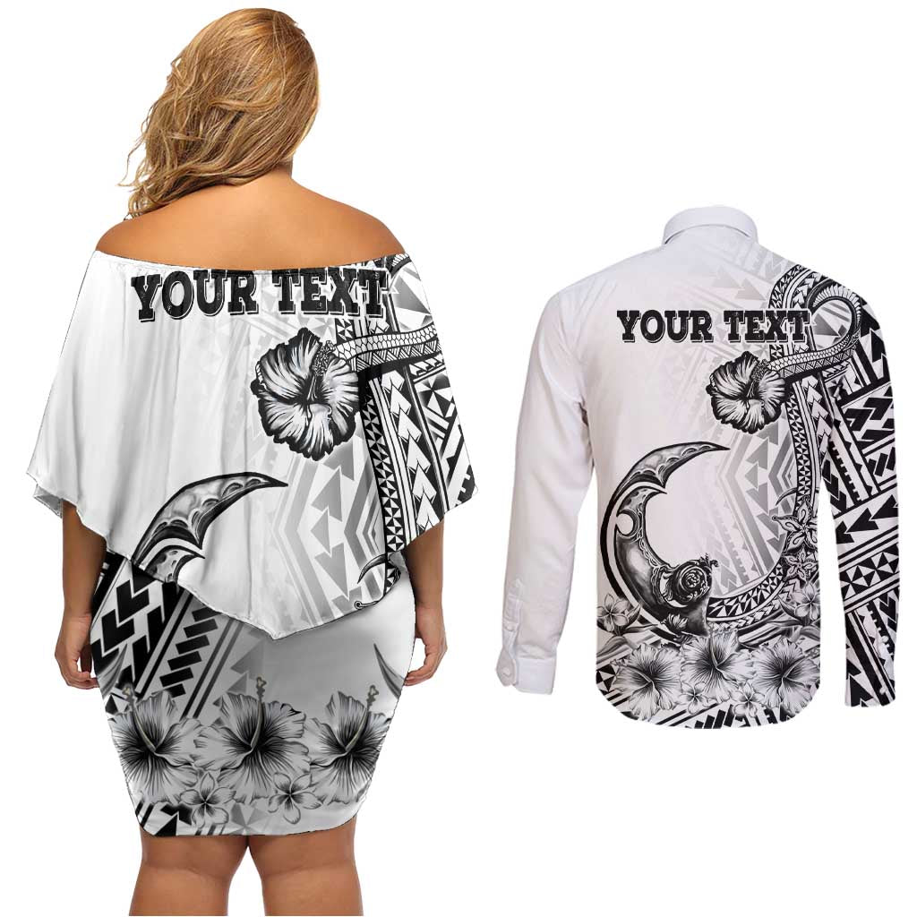 Ia Orana Tahiti Personalised Couples Matching Off Shoulder Short Dress and Long Sleeve Button Shirt French Polynesia Hook Tattoo Special White Color LT9 - Polynesian Pride