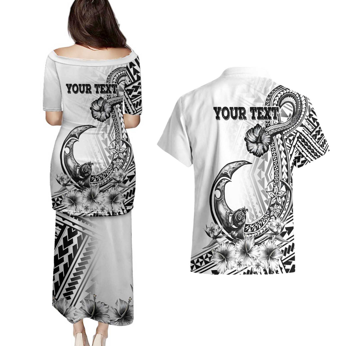 Ia Orana Tahiti Personalised Couples Matching Puletasi Dress and Hawaiian Shirt French Polynesia Hook Tattoo Special White Color LT9 - Polynesian Pride
