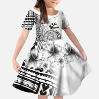 Ia Orana Tahiti Personalised Family Matching Short Sleeve Bodycon Dress and Hawaiian Shirt French Polynesia Hook Tattoo Special White Color LT9 Daughter's Dress White - Polynesian Pride
