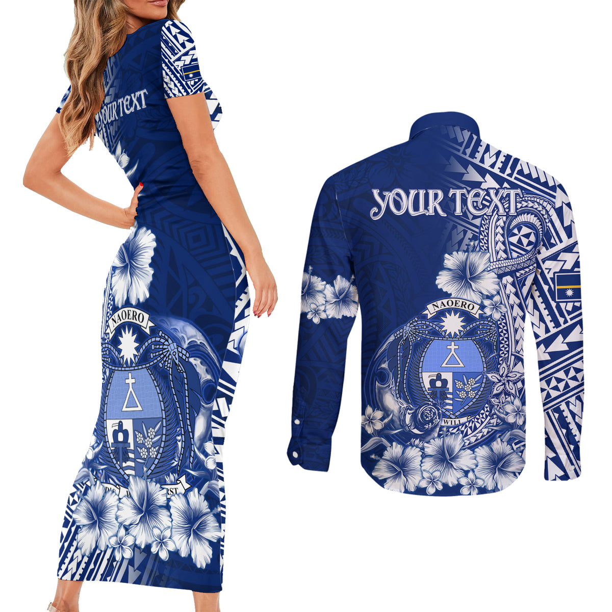Nauru Independence Personalised Couples Matching Short Sleeve Bodycon Dress and Long Sleeve Button Shirt Naoero Hook Tattoo Special Polynesian Pattern LT9 - Polynesian Pride