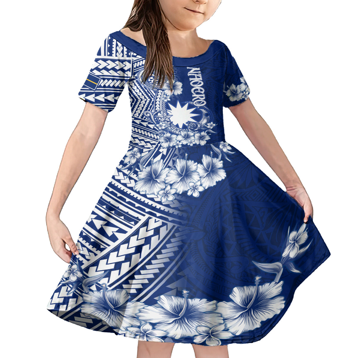 Nauru Independence Personalised Family Matching Off Shoulder Maxi Dress and Hawaiian Shirt Naoero Hook Tattoo Special Polynesian Pattern LT9 Daughter's Dress Blue - Polynesian Pride