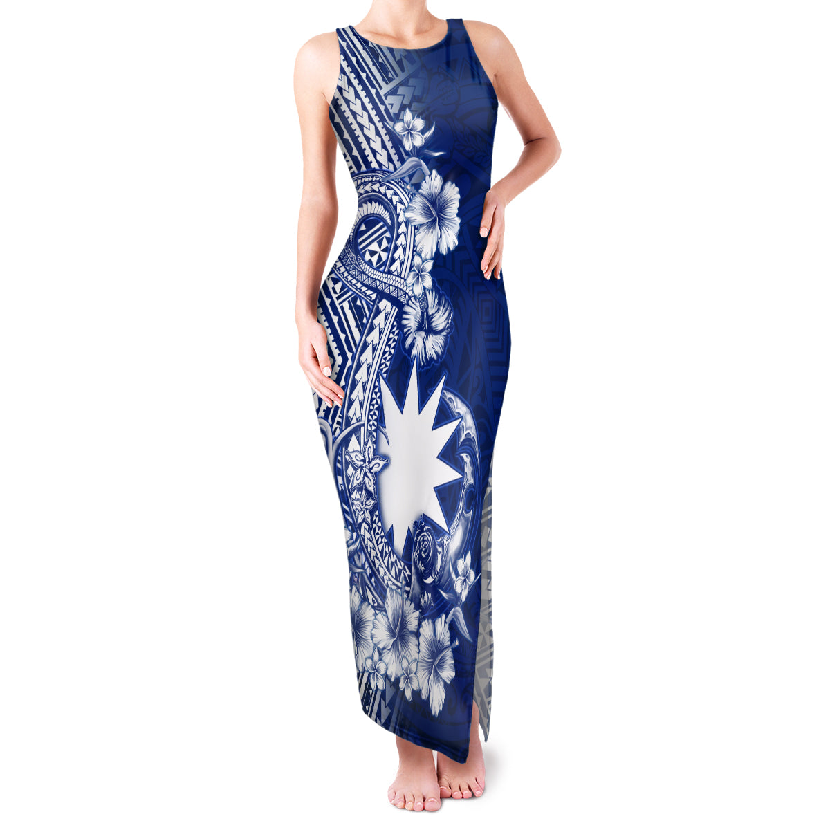 Nauru Independence Personalised Family Matching Tank Maxi Dress and Hawaiian Shirt Naoero Hook Tattoo Special Polynesian Pattern LT9 Mom's Dress Blue - Polynesian Pride