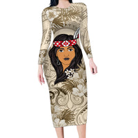 Personalized New Zealand Women's Day Family Matching Long Sleeve Bodycon Dress and Hawaiian Shirt Maori Girl Feathers of Hope - Beige LT9 Mom's Dress Beige - Polynesian Pride
