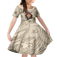 Personalized New Zealand Women's Day Family Matching Off Shoulder Maxi Dress and Hawaiian Shirt Maori Girl Feathers of Hope - Beige LT9 Daughter's Dress Beige - Polynesian Pride